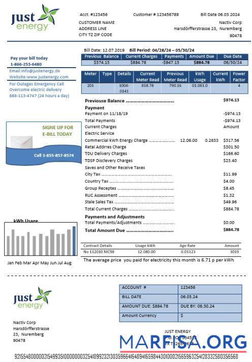 Printable Germany Just Energy business utility bill template in Word and PDF formats